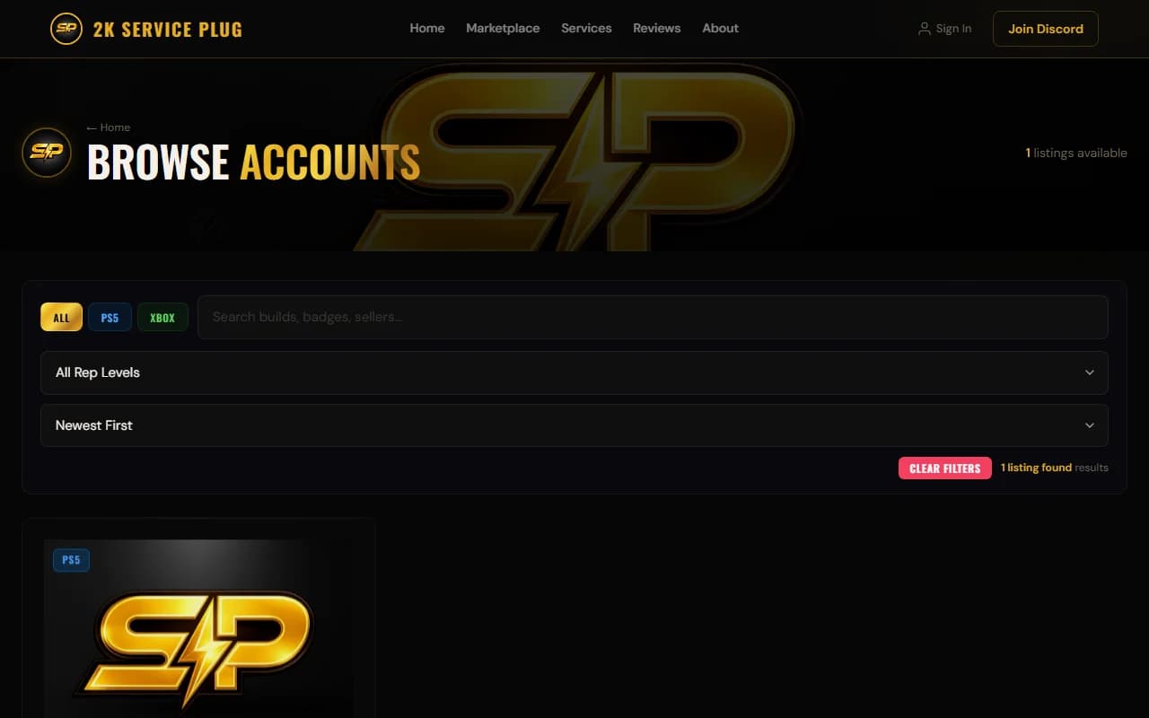 2K Service Plug account marketplace with search and filters