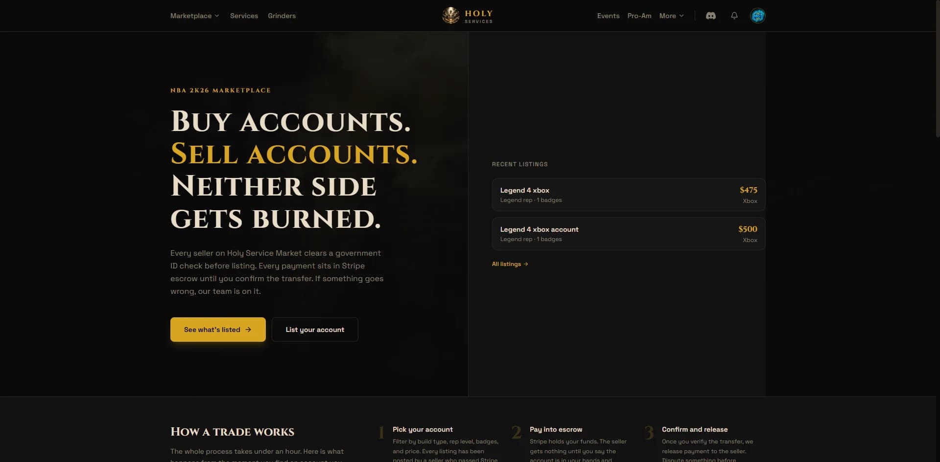 Homepage with marketplace navigation and featured listings