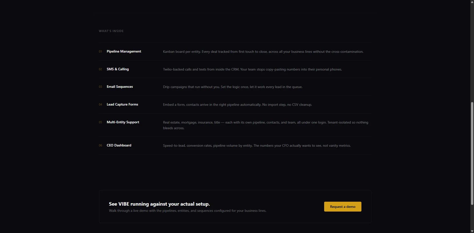 VIBE CRM features page showing multi-tenant integrations including Clerk, Stripe, and Twilio