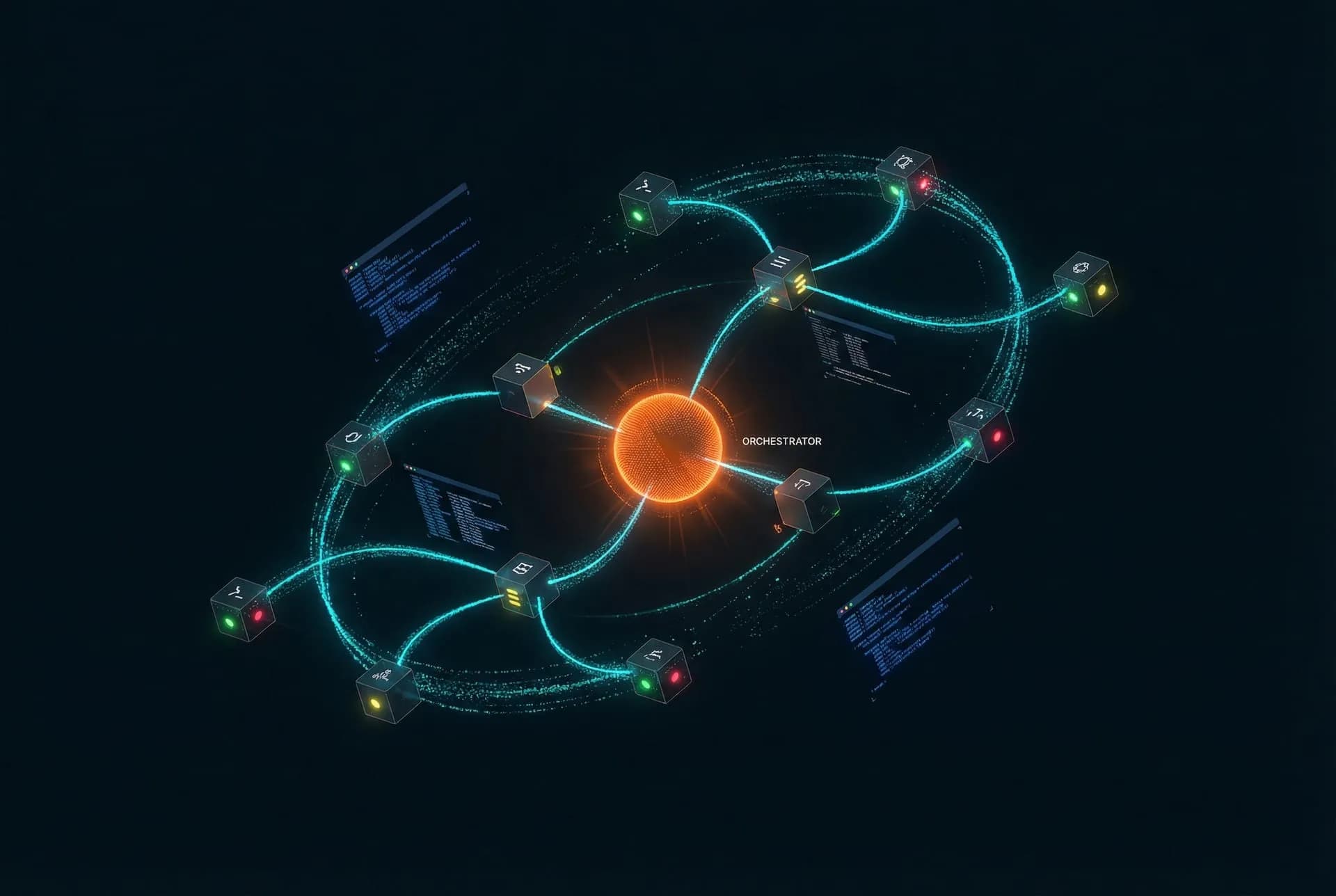 AI automation pipeline with multi-agent orchestration and data flows