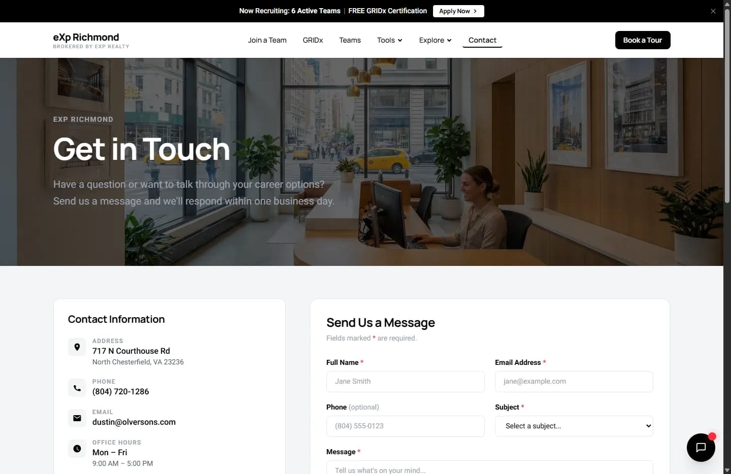 eXp Richmond contact page with booking integration