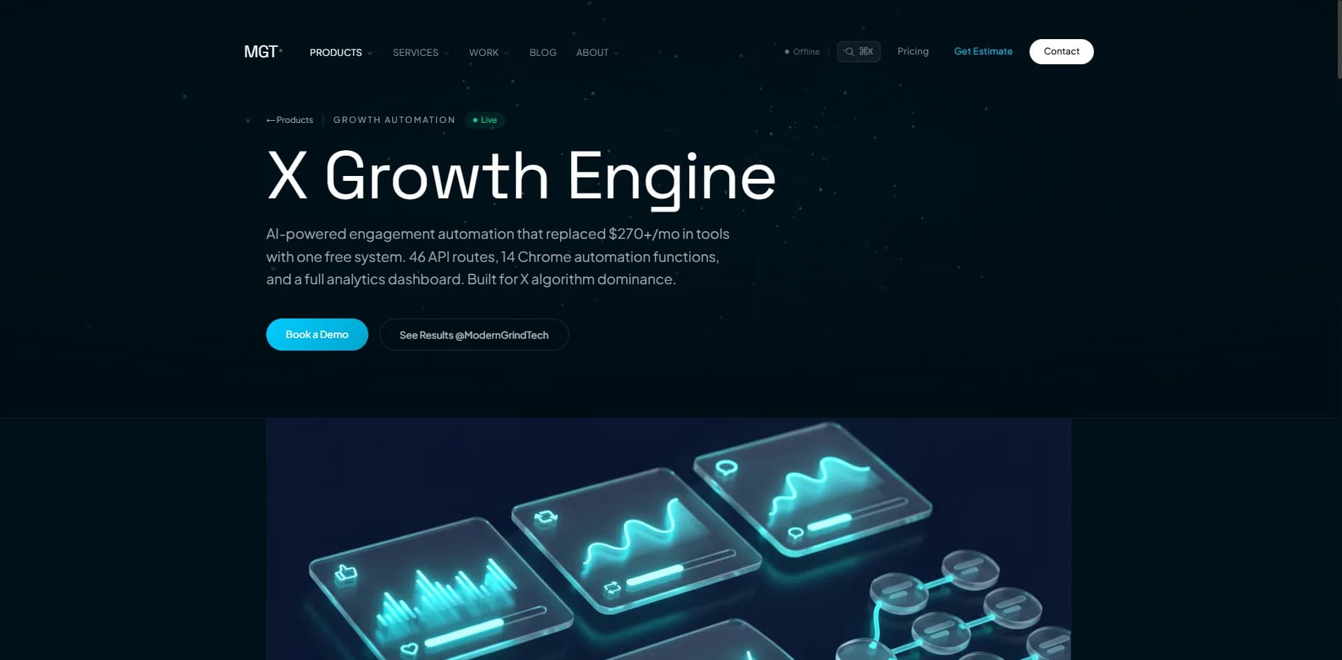 X Engine product page with Three.js particle network